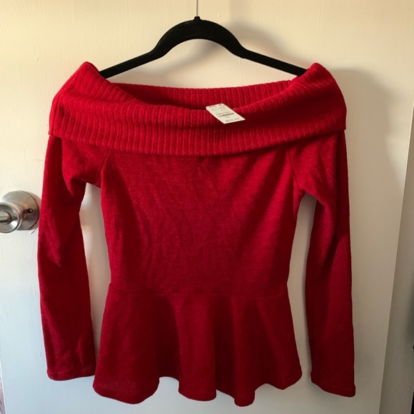 Red Off The Shoulder Sweater - Picture 2 of 2